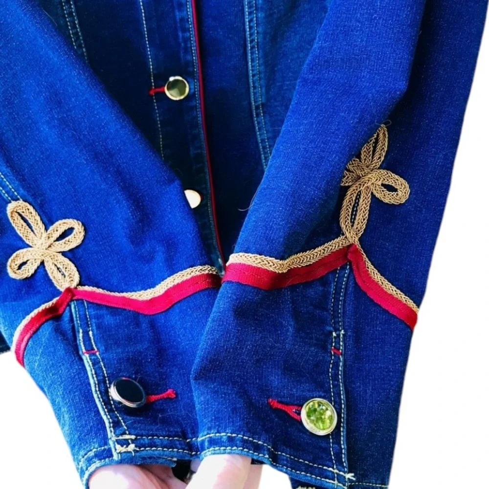 Chico’s size 10-12 denim military jacket stretch gold detail oversized - Picture 12 of 14
